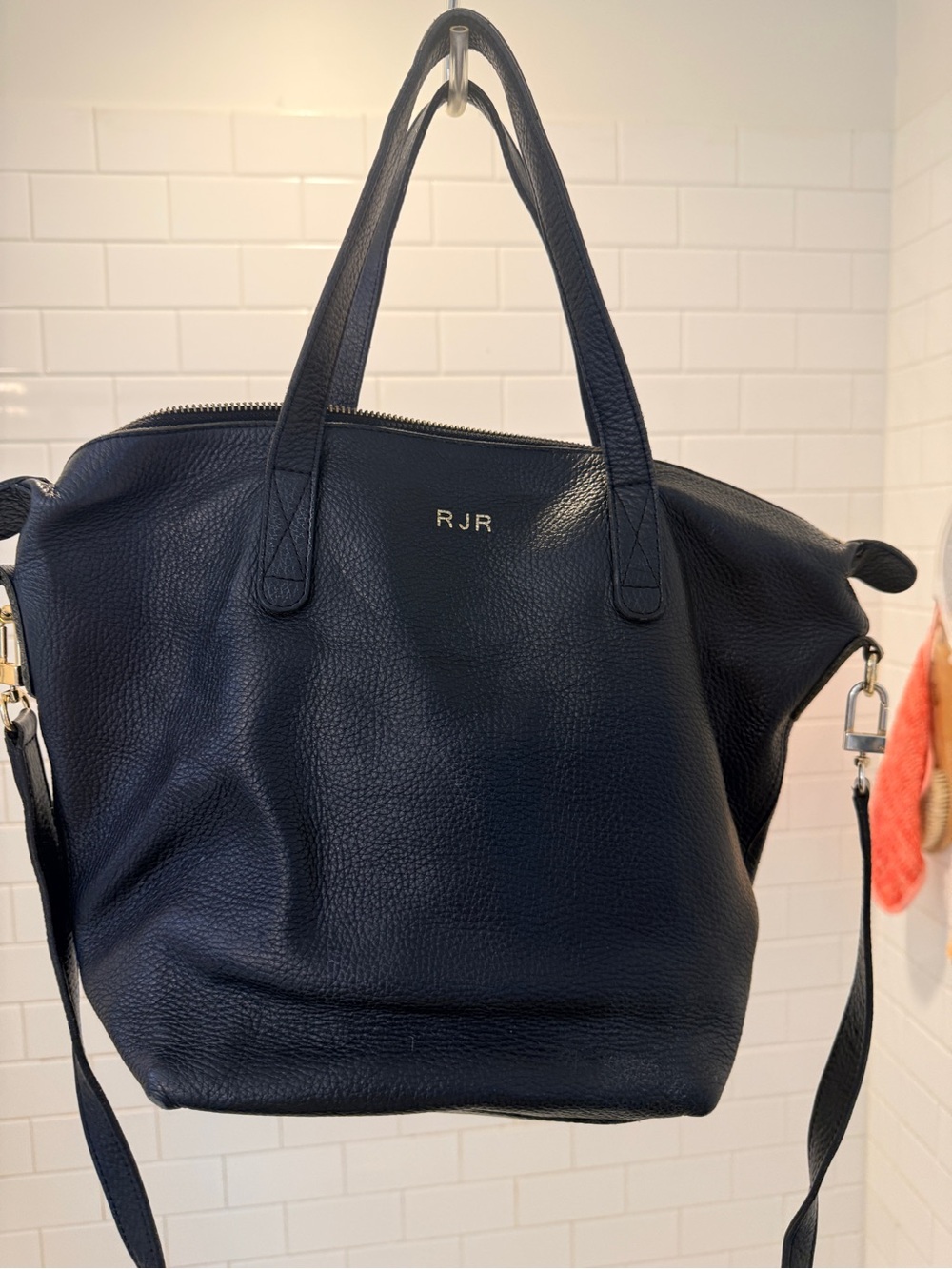 Cuyana Black Pebbled Leather Tote w/ Crossbody Strap – Monogrammed “RJR”